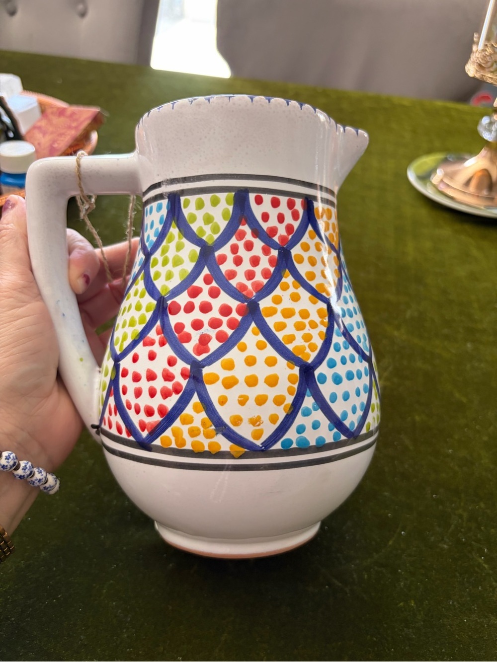 Le souk Hand-Painted Multicolor Scallop Ceramic Pitcher - White